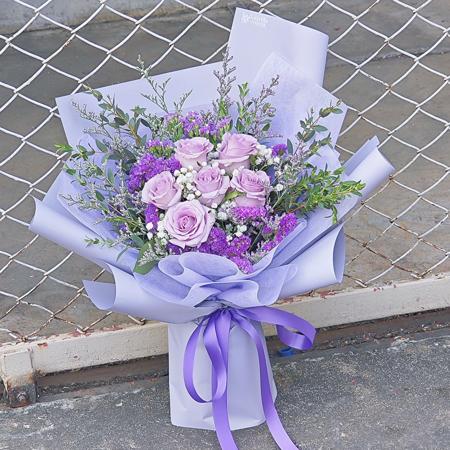 Six Purple English Roses with Statice and Caspia Bouquet