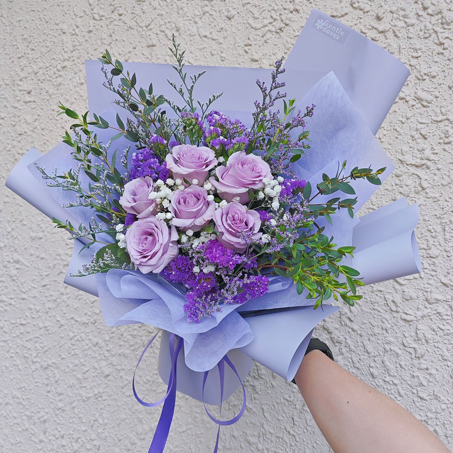 Six Purple English Roses with Statice and Caspia Bouquet