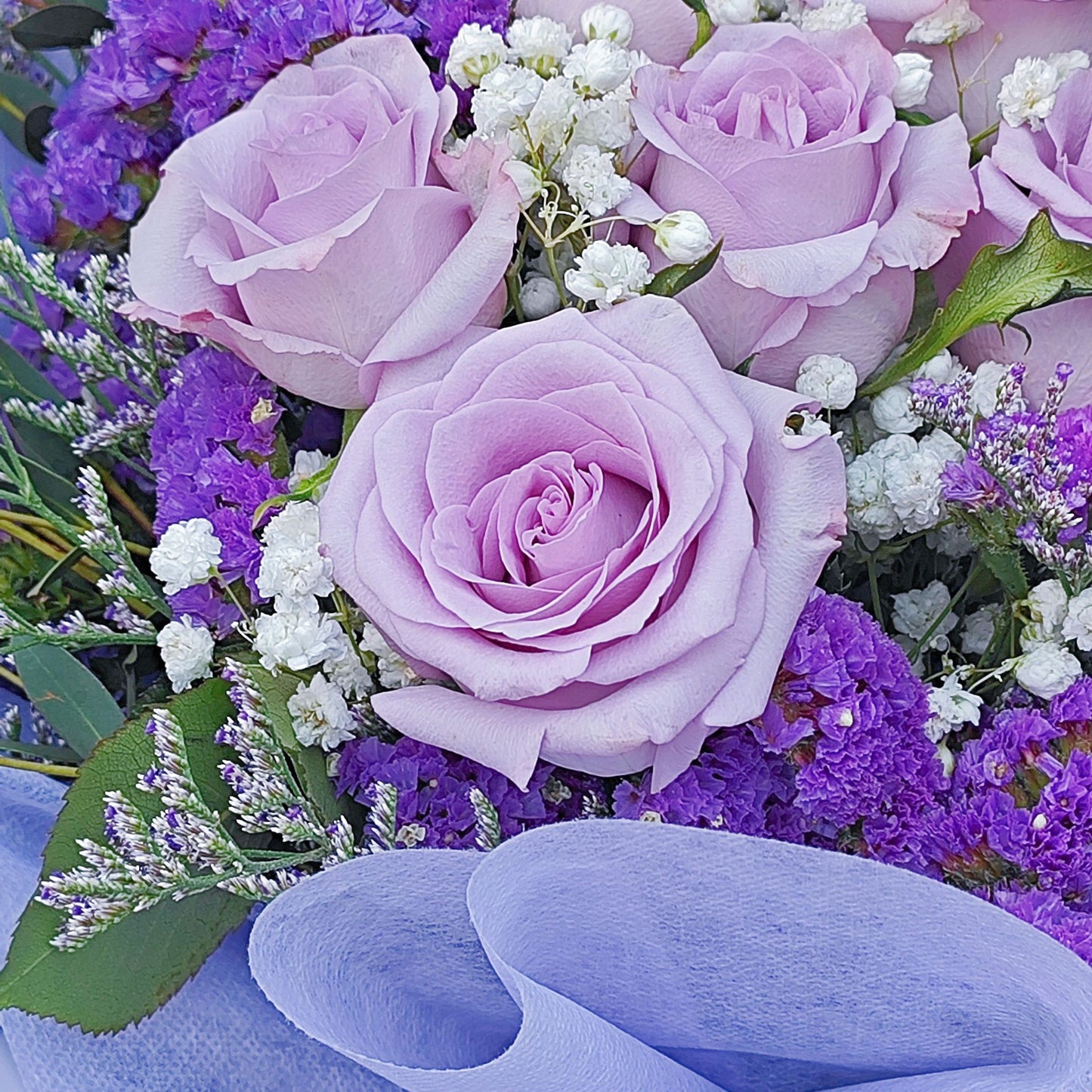 Six Purple English Roses with Statice and Caspia Bouquet
