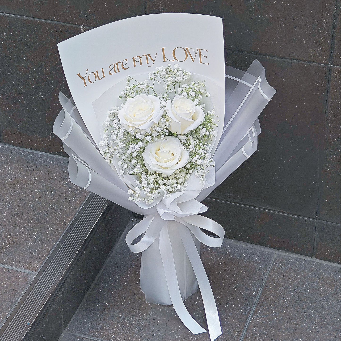 Three White Imported Roses with Gypsophila 'You are my Love' Bouquet