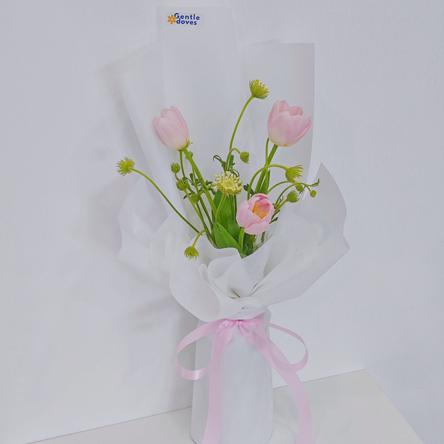 Three Soft Pink Tulips with Green Foliage Bouquet