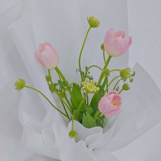 ช่อดอกทิวลิป สีชมพูอ่อน 3 ดอก กับใบไม้แซมสีเขียว