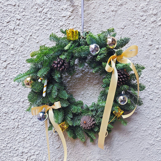 Full-Circle Noble Firs Christmas Wreath with Golden and Silver ornaments