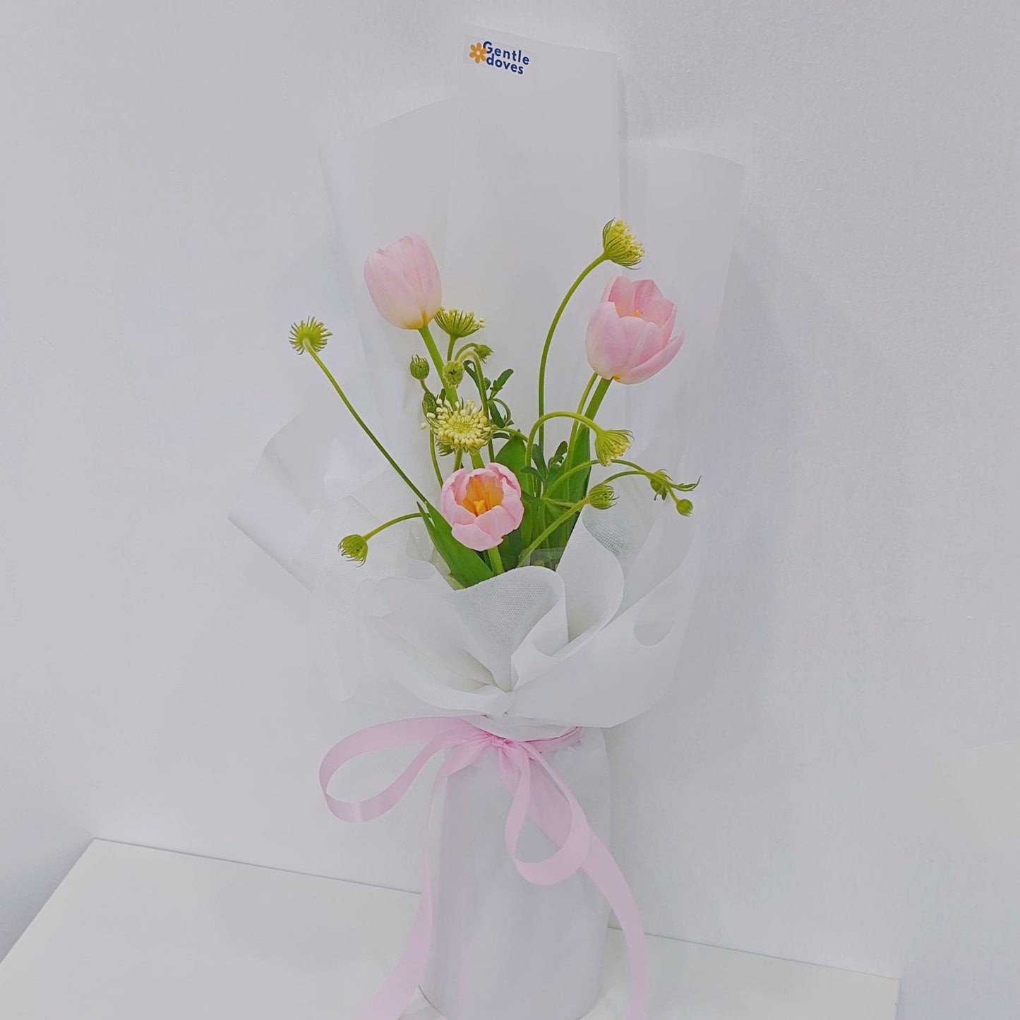 Three Soft Pink Tulips with Green Foliage Bouquet