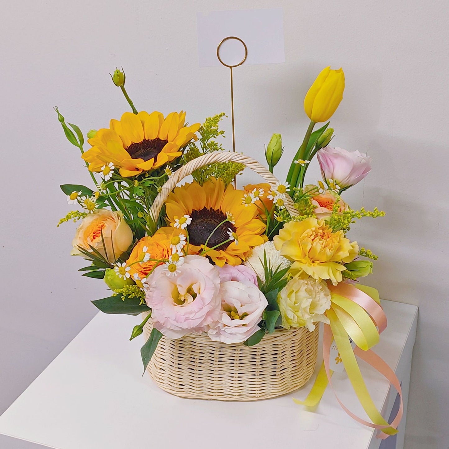 Assorted Yellow, Orange and Pink Flowers with Sunflowers Small Basket