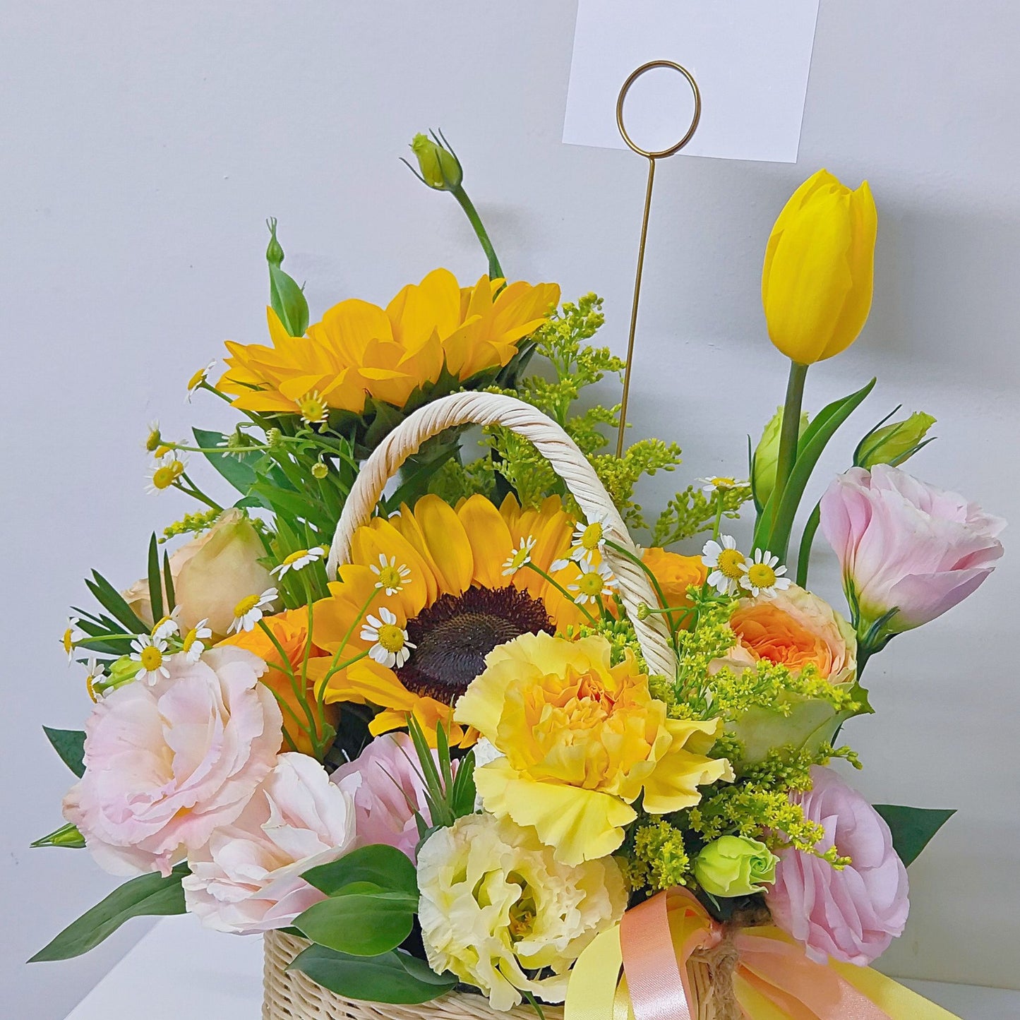 Assorted Yellow, Orange and Pink Flowers with Sunflowers Small Basket