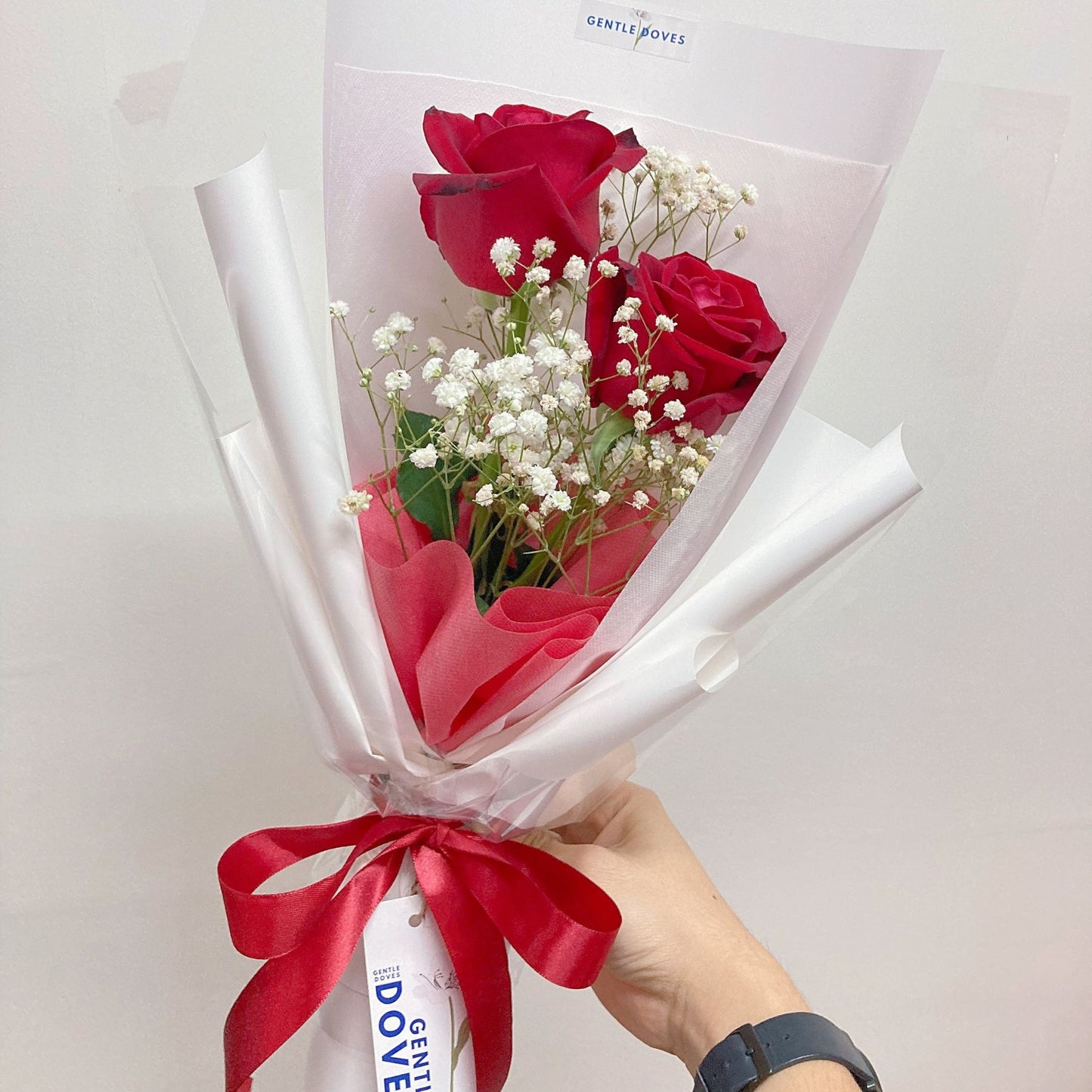 Two Red Roses with Gypsophila Bouquet