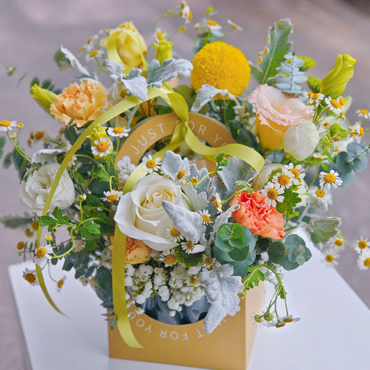 Assorted Yellow and Green Flowers in Carrying Mini Box Arrangement