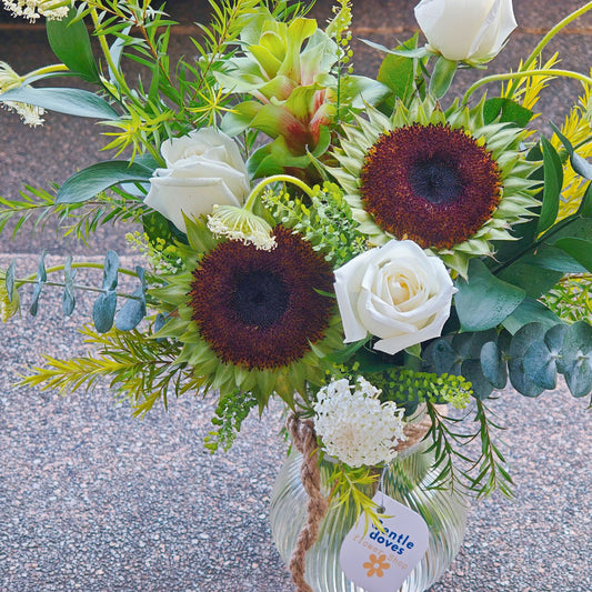 Assorted Green and White Flowers in Large Vase Arragement