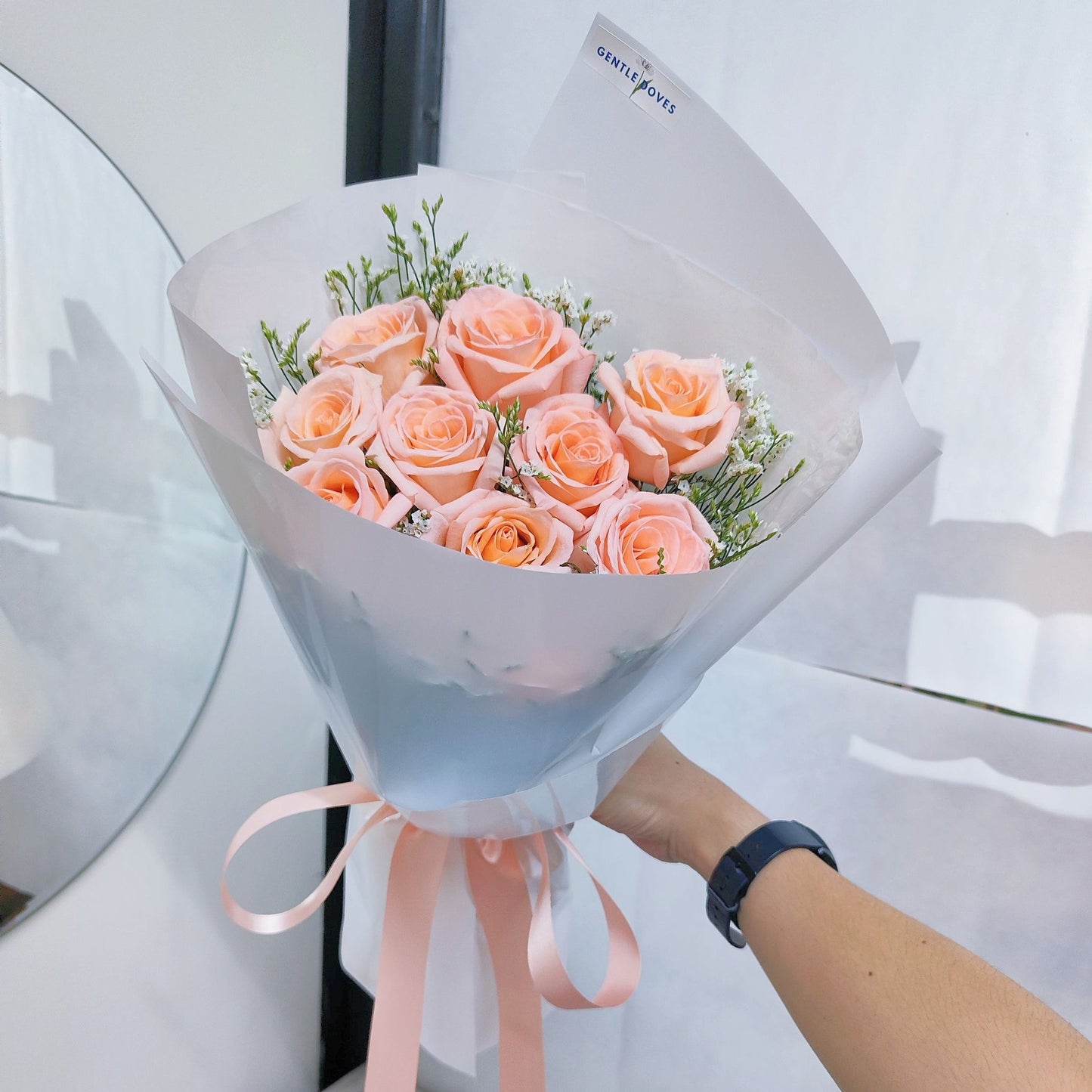 Ten Soft Oldrose Roses with White Limonium Bouquet
