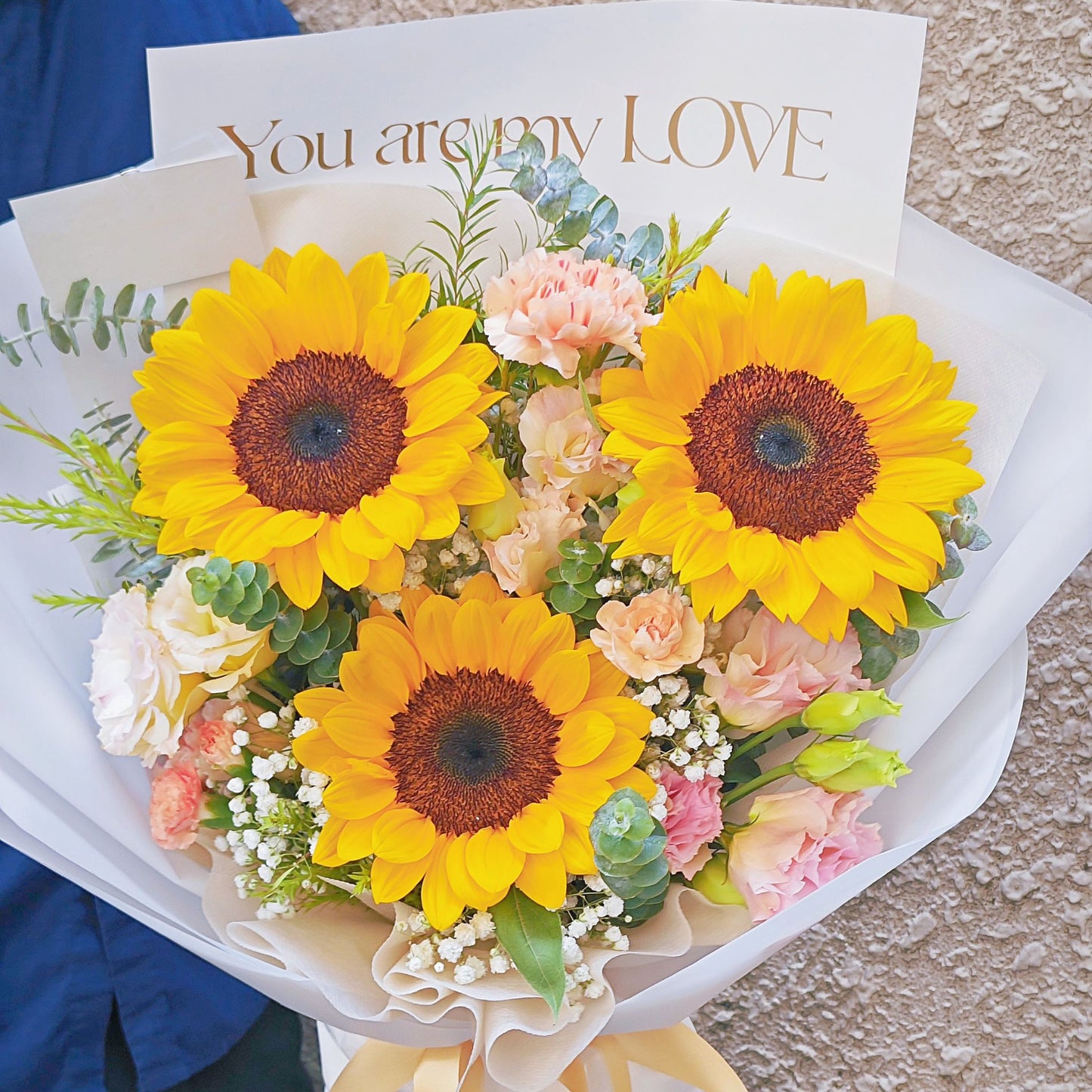 Three Sunflowers with Assorted Soft Yellow & Orange Flowers with 'You are my Love' Large Bouquet