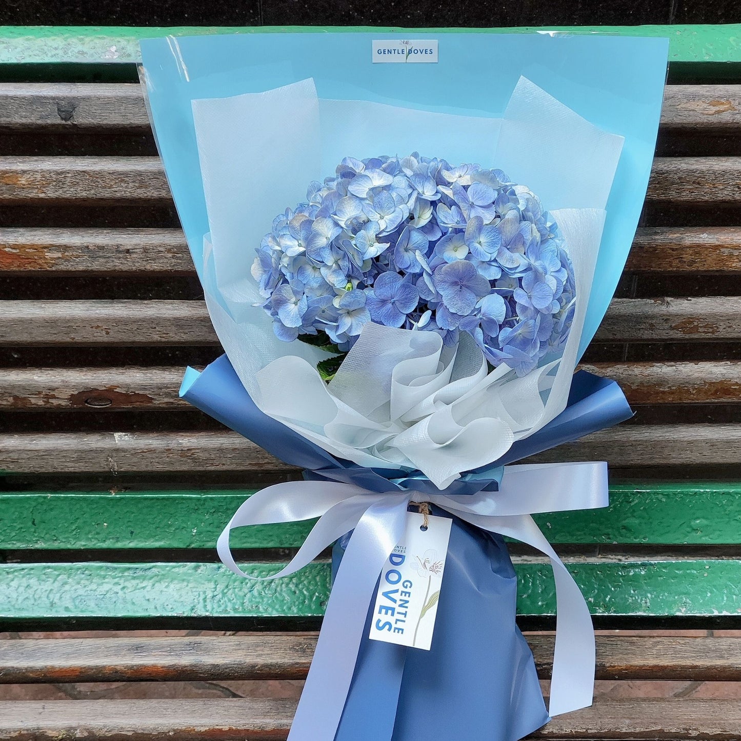 Single Blue Hydrangea in Soft Blue and Dark Blue Paper Bouquet