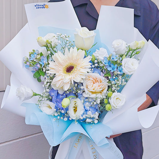 Assorted White and Blue Flowers with Soft Blue Hydrangeas Bouquet