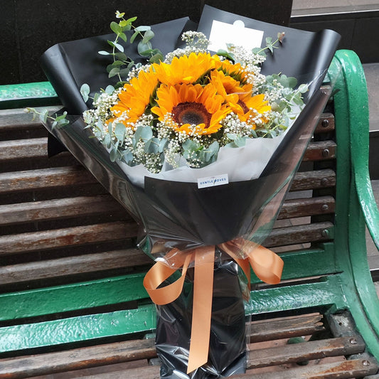 Five Sunflowers with Gypsophila and Eucalyptus Extra Large Bouquet