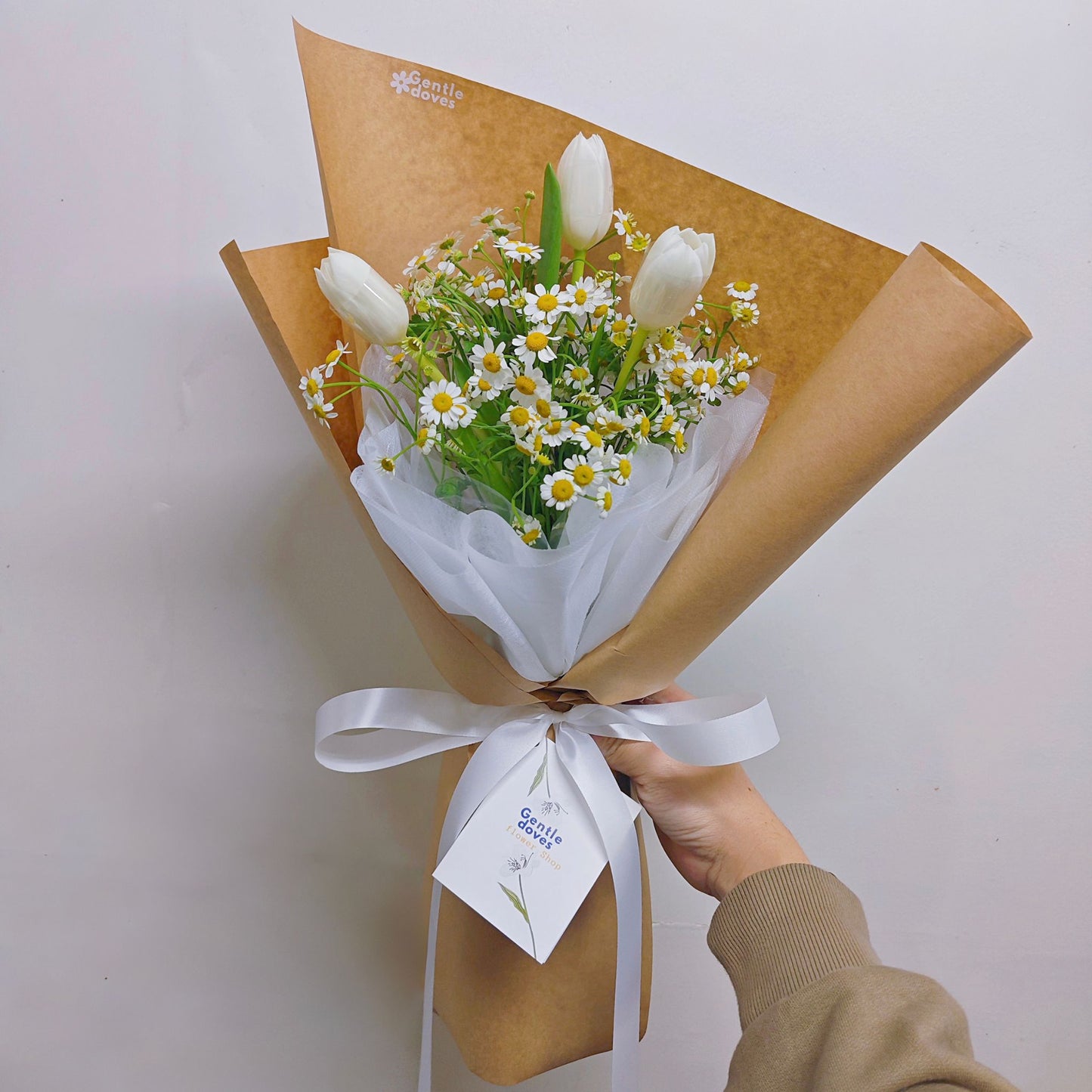 Three White Tulips with Daisies in Kraft Paper Bouquet