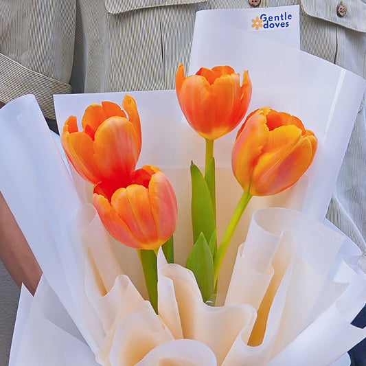 ช่อดอกทิวลิป สีส้ม 4 ดอก ห่อกระดาษมินิมอล สีขาว