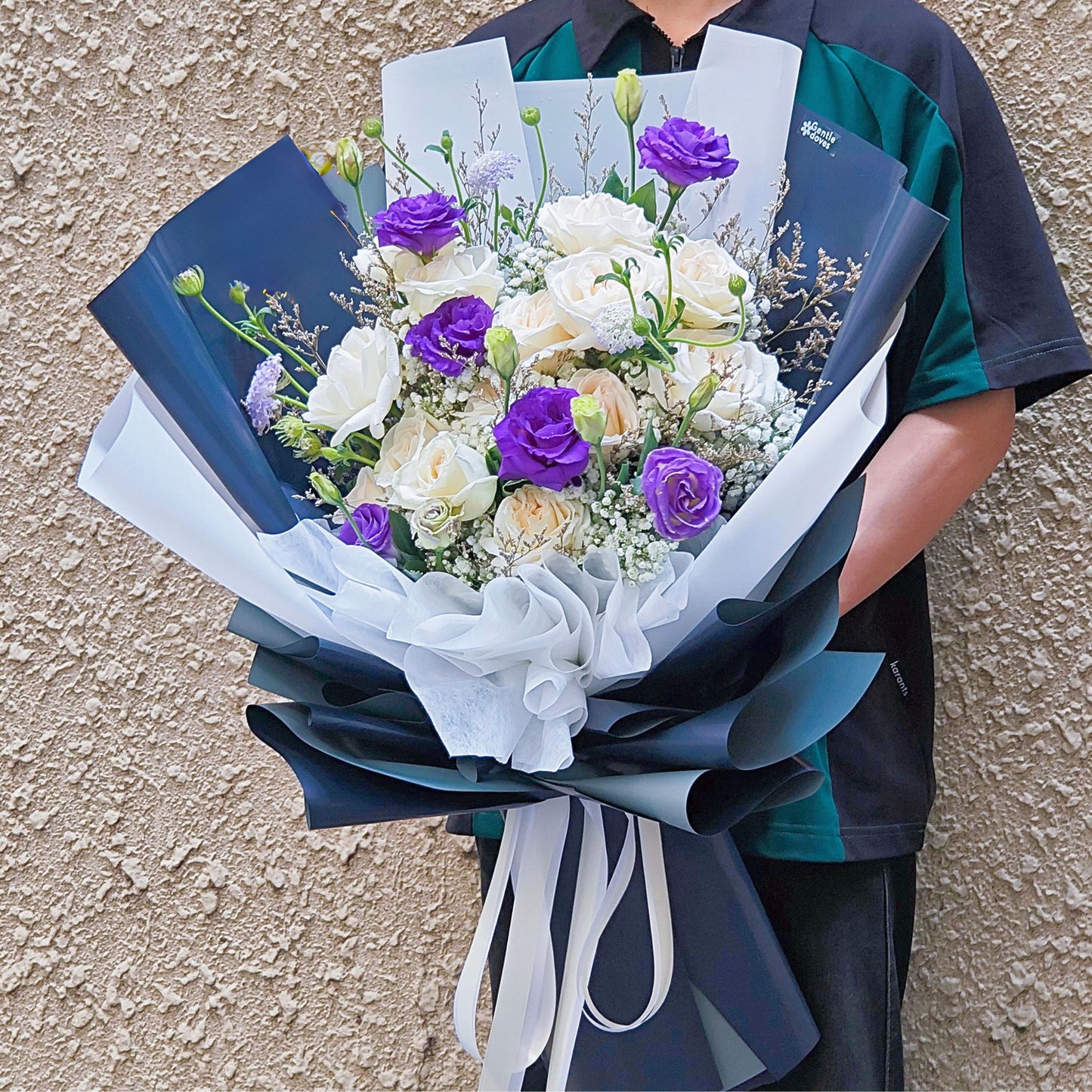 Fifteen White English Roses with Purple Lisianthus and Delicate Foliage Extra Large Bouquet