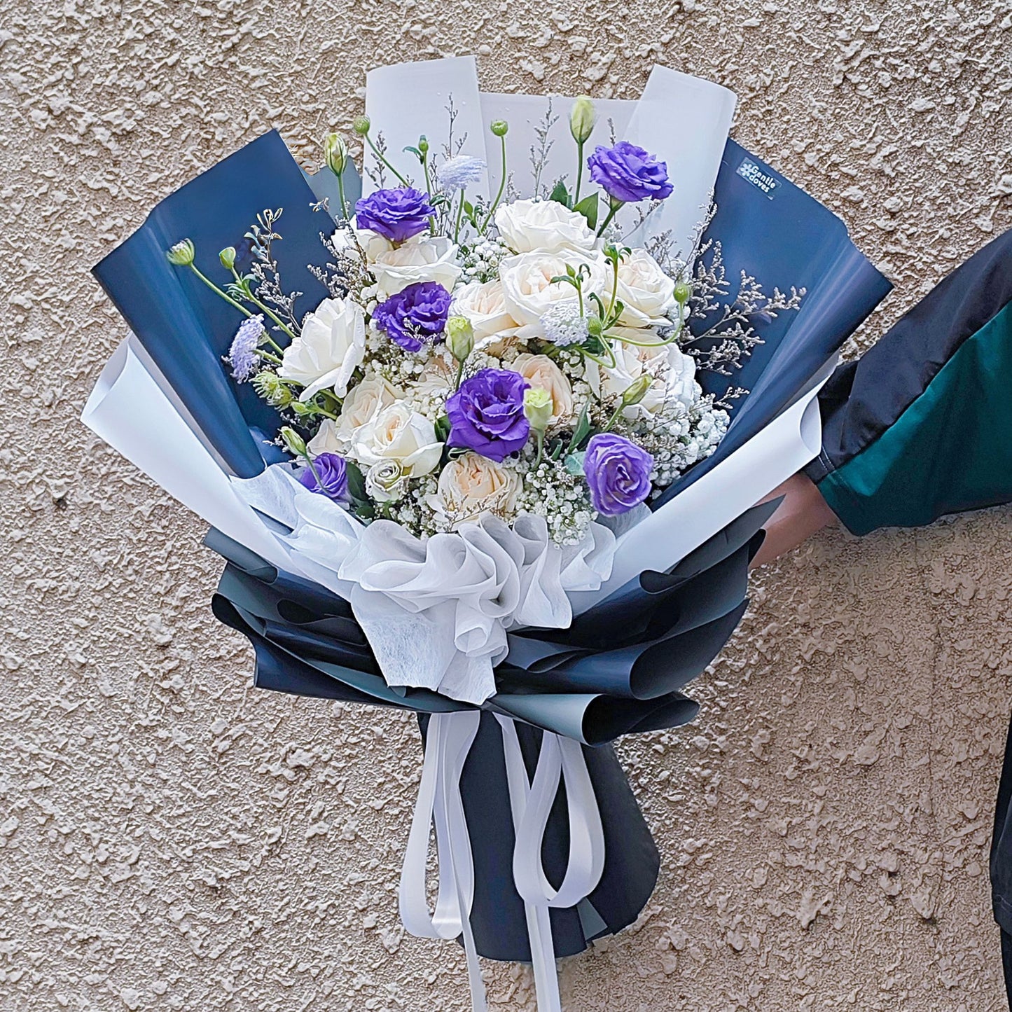 Fifteen White English Roses with Purple Lisianthus and Delicate Foliage Extra Large Bouquet