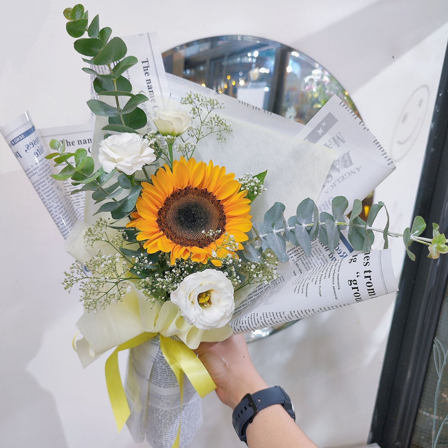 Single Sunflowers with Assorted White and Green Flowers Bouquet