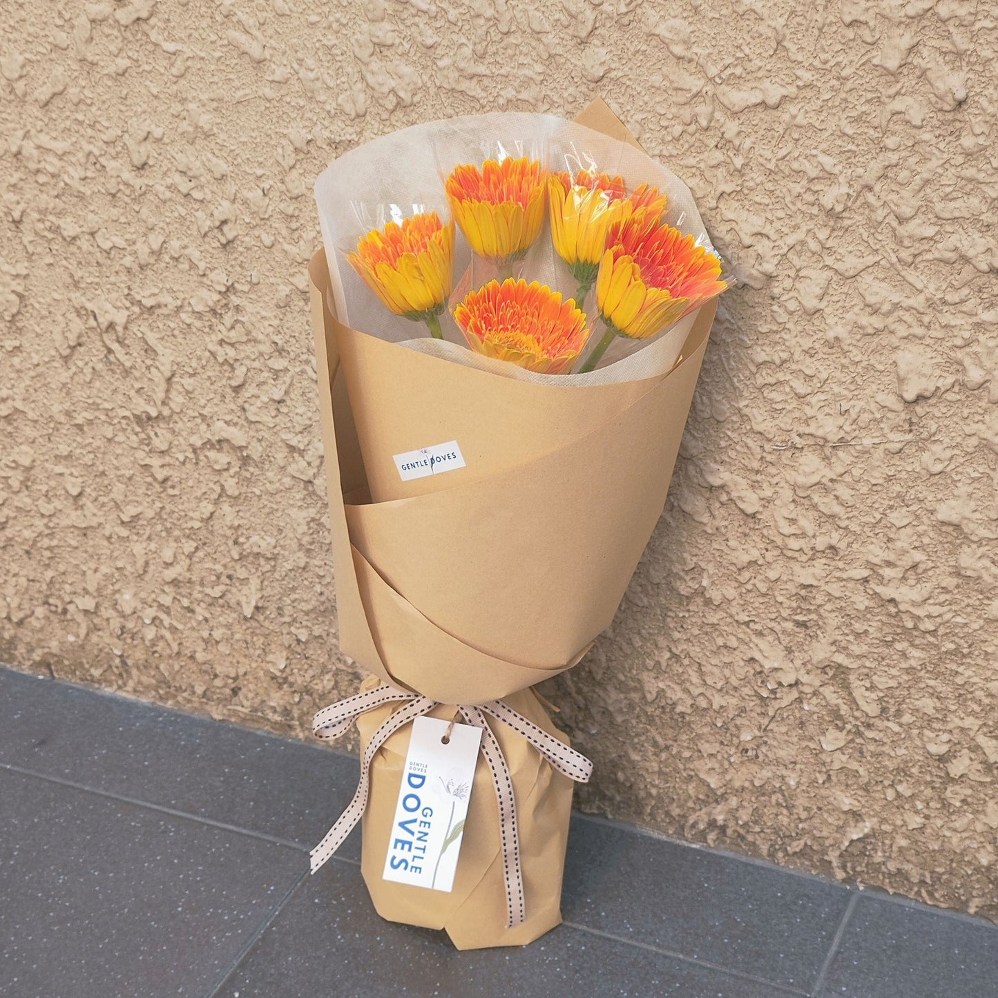 Five Orange Gerberas in Kraft Paper Classic Bouquet