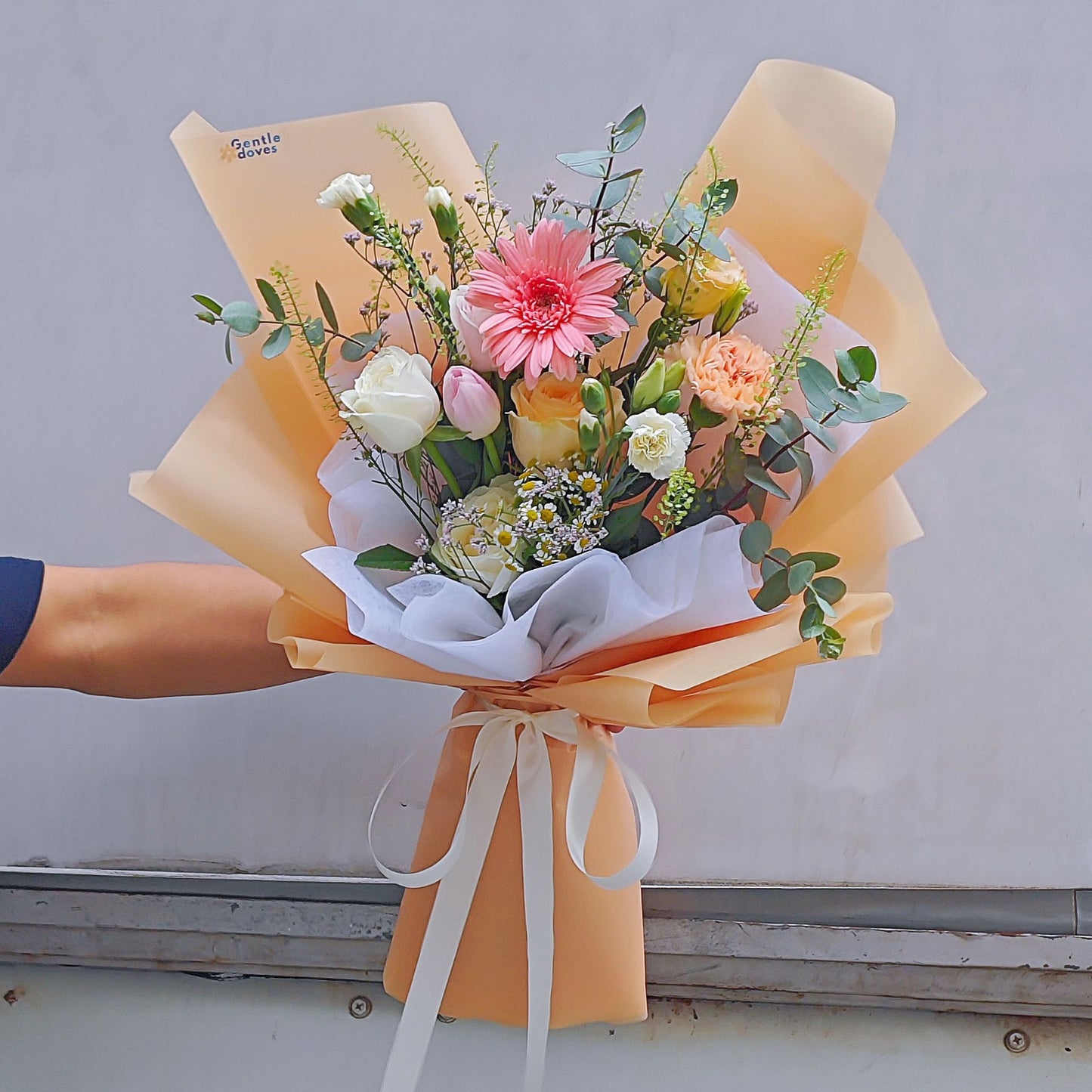 Assorted Soft Yellow, Orange and Pink Flowers Korean Style Bouquet
