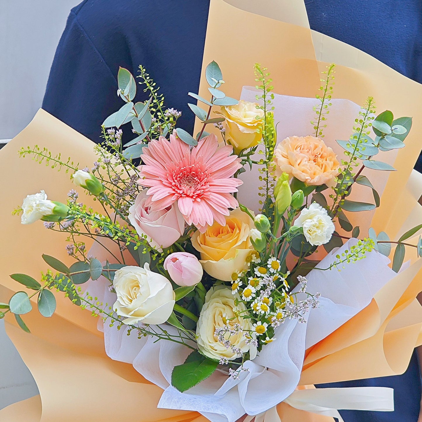 Assorted Soft Yellow, Orange and Pink Flowers Korean Style Bouquet