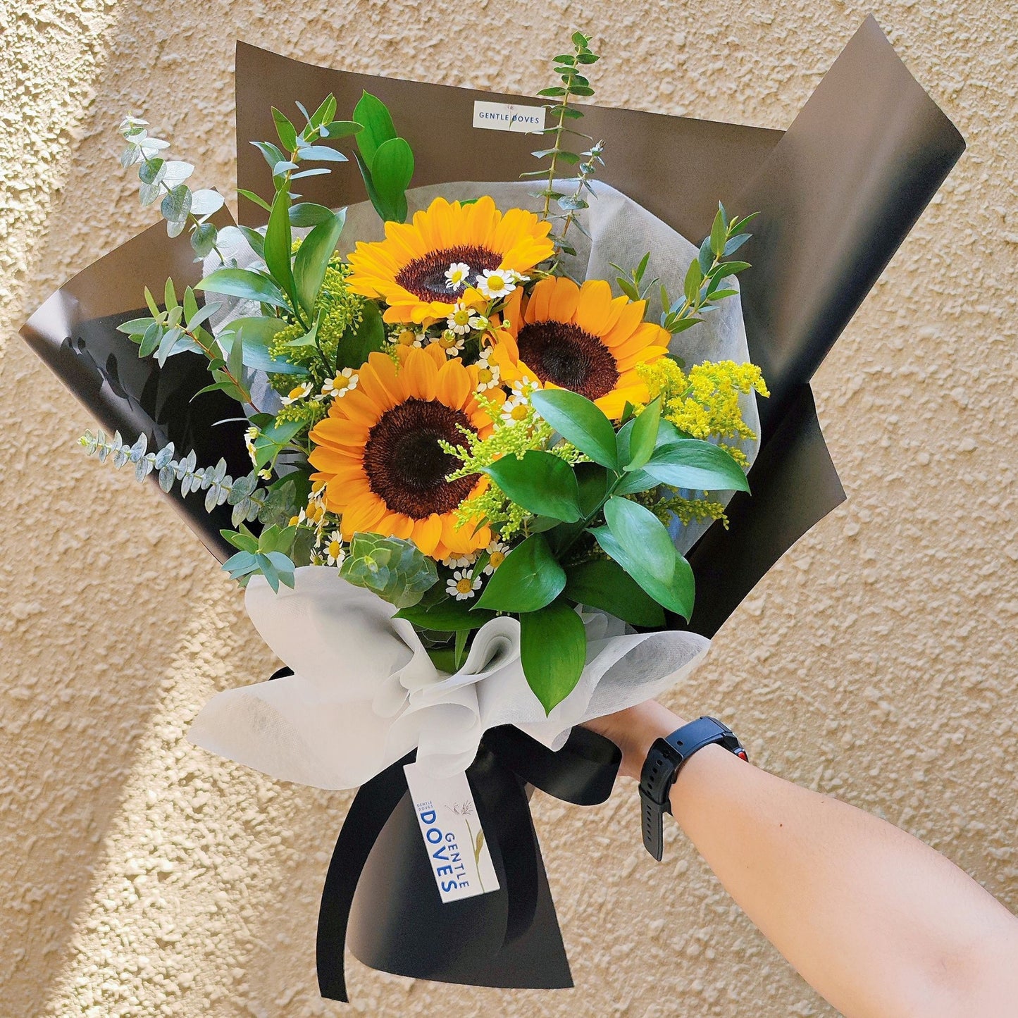 Three Sunflowers with Daisies and Green Foliage Large Bouquet