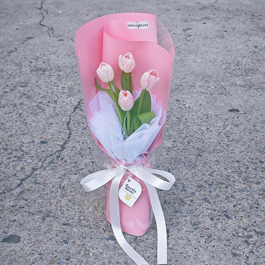 Four Soft Pink Tulips in Pink Paper Minimal Bouquet
