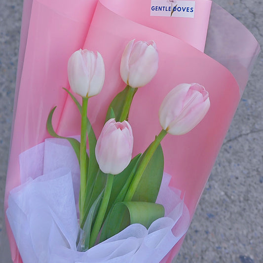Four Soft Pink Tulips in Pink Paper Minimal Bouquet