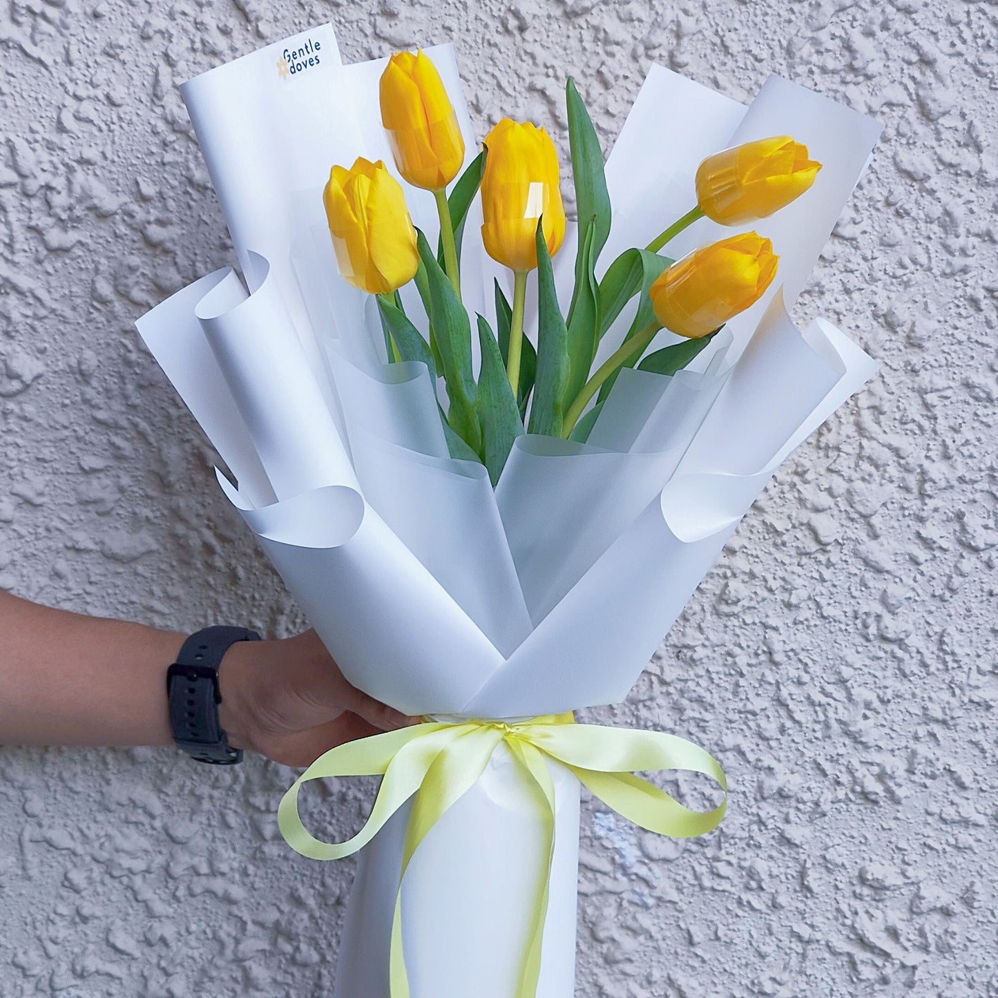 Five Yellow Tulips in White Paper Bouquet