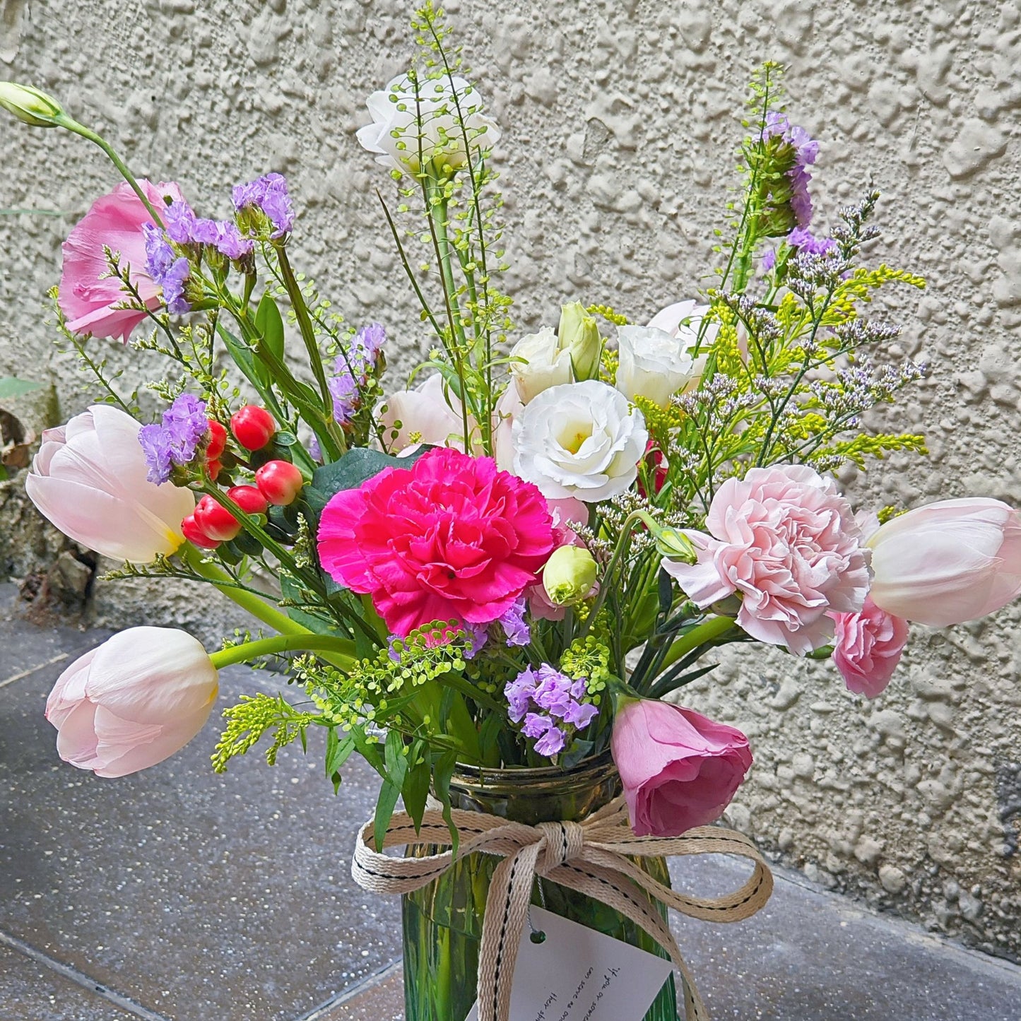 Assorted Flowers with Six Tulips Natual Style in Large Vase Arrangement