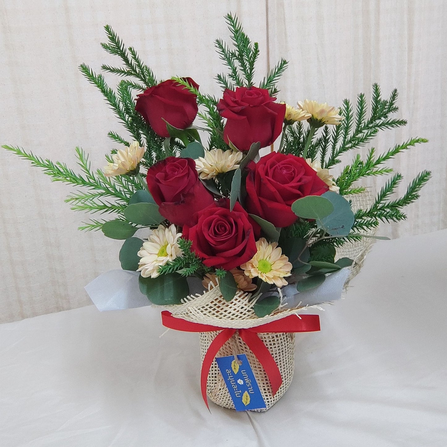 Five Red Roses in Small Vase Arrangement