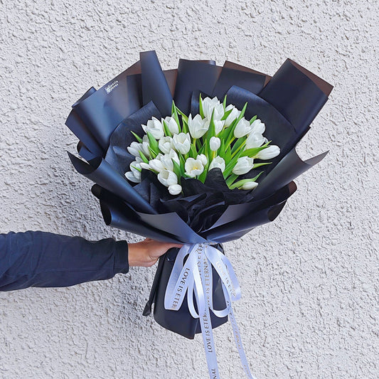 Thirty White Tulips in Black Paper Bouquet