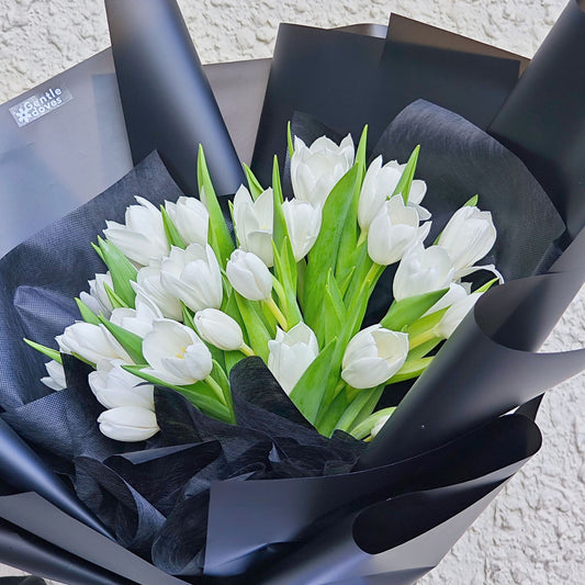Thirty White Tulips in Black Paper Bouquet