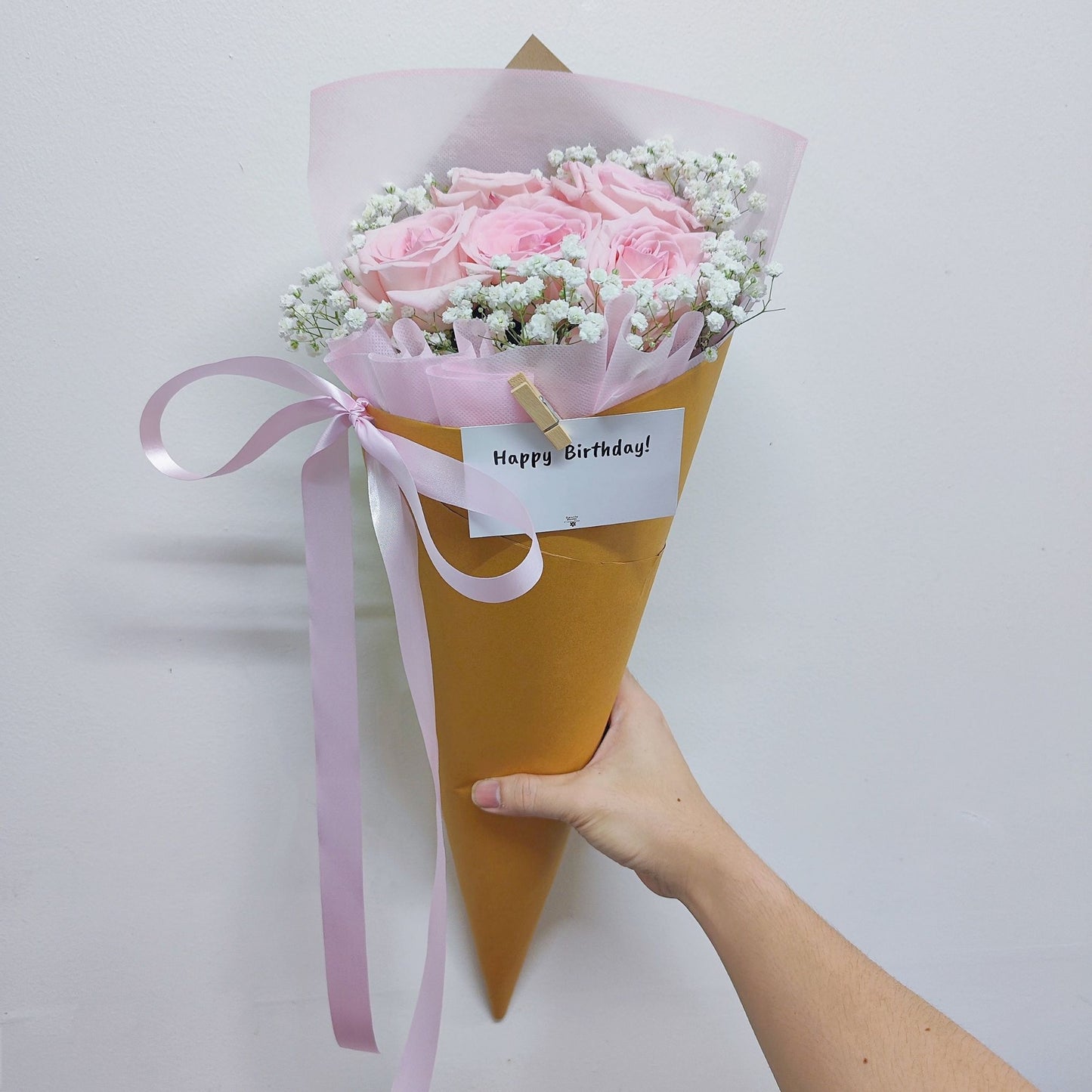 Five Soft Pink English Roses with Gypsophila Cone Bouquet