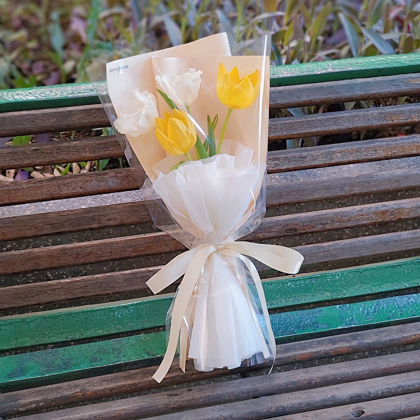 Four White and Yellow Tulips Minimal Bouquet