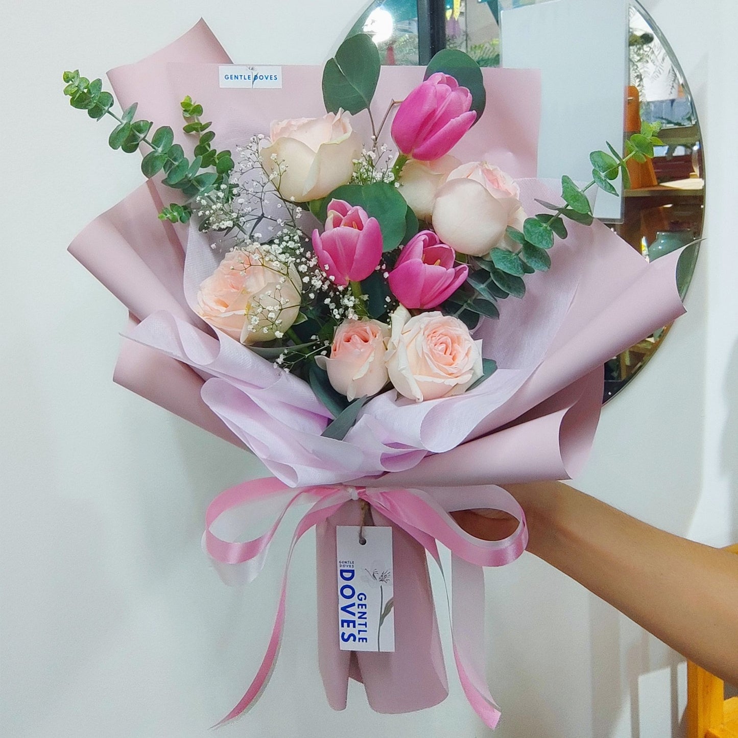 Three Tulips with Six Soft Pink Roses Bouquet