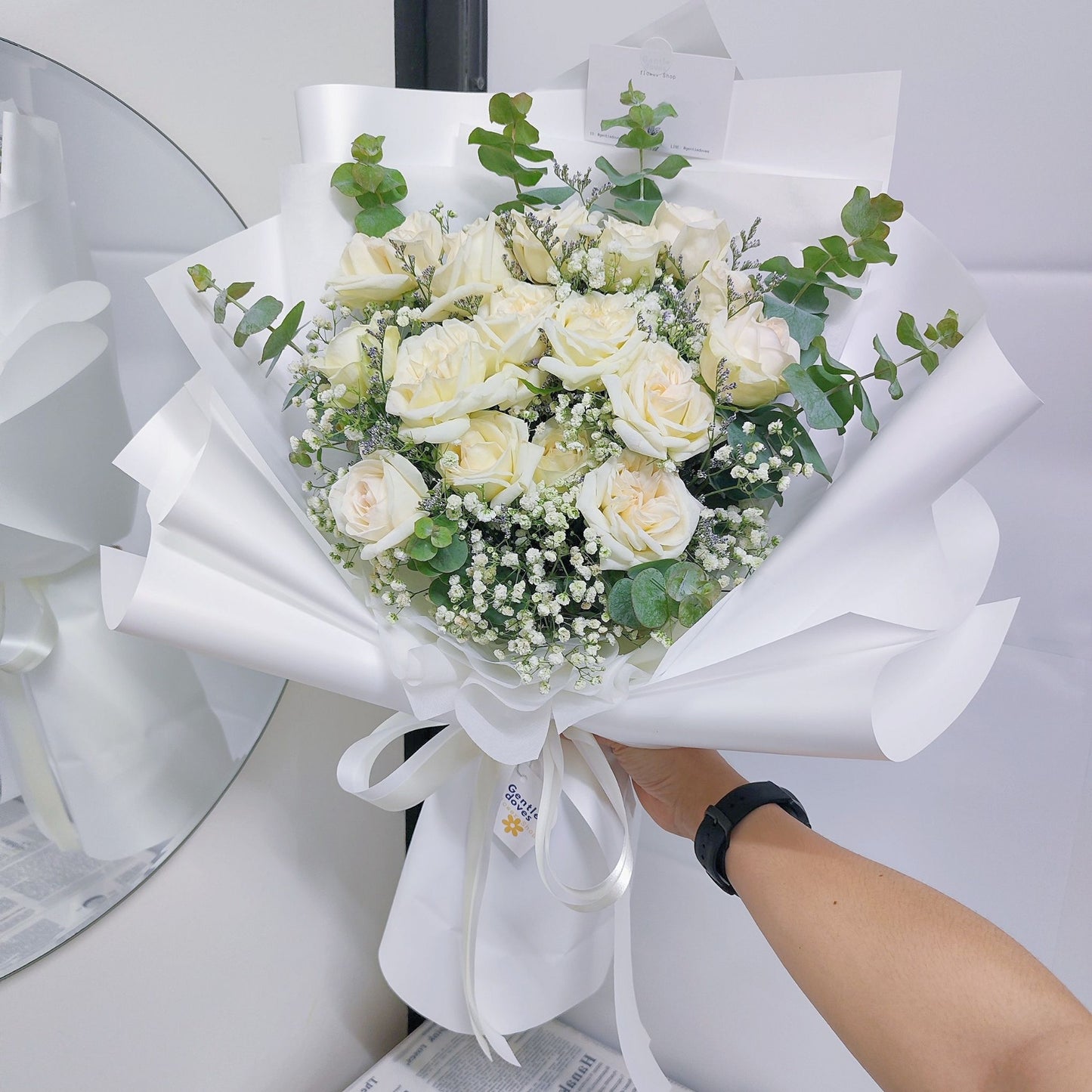 Sixteen White English Roses with Gypsophila and Eucalyptus Bouquet