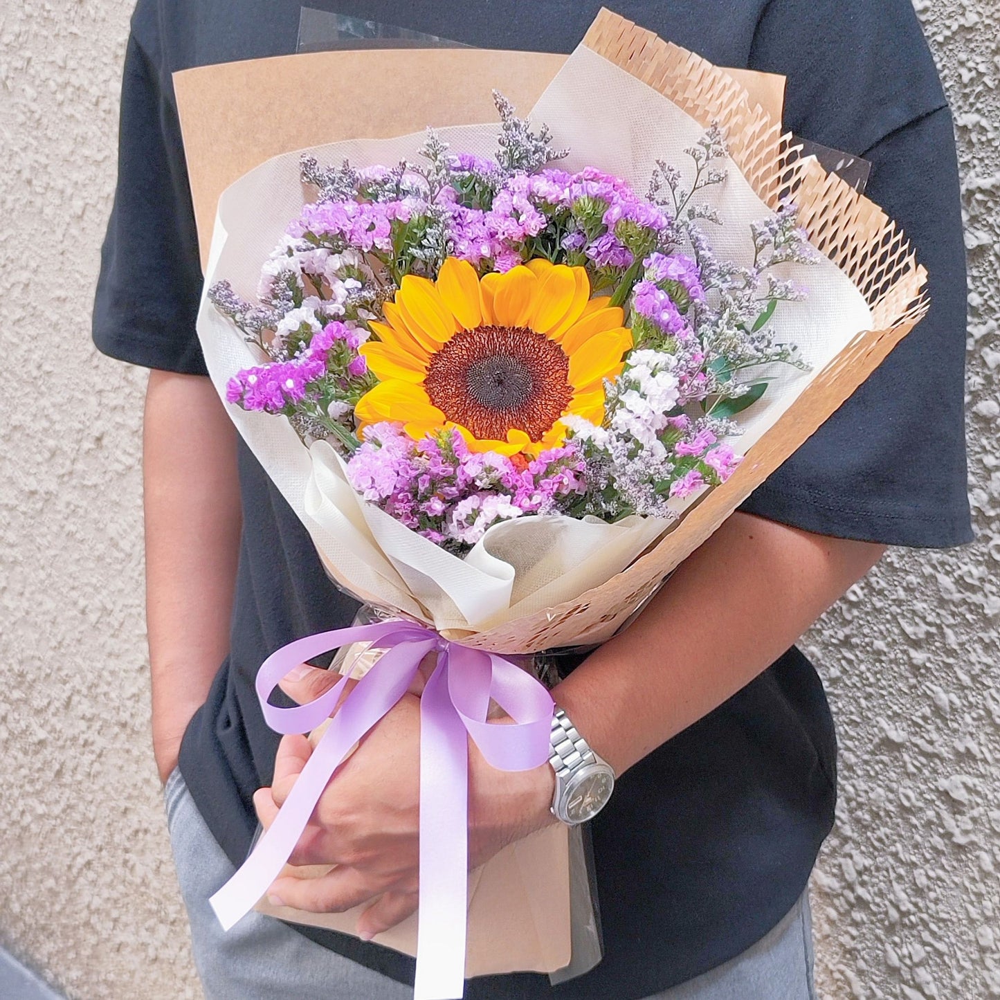 Single Big Sunflower with Statice and Caspia in Kraft Paper Bouquet