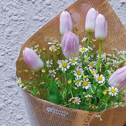 Soft Pink Tulips with Daisies in Kraft Newspaper Classic Bouquet