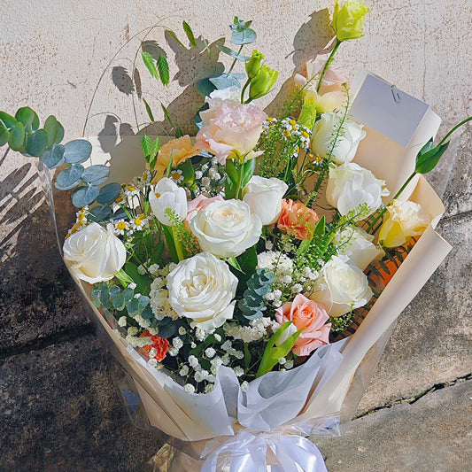 Assorted White Roses with Soft Yellow and Orange Flowers Large Bouquet