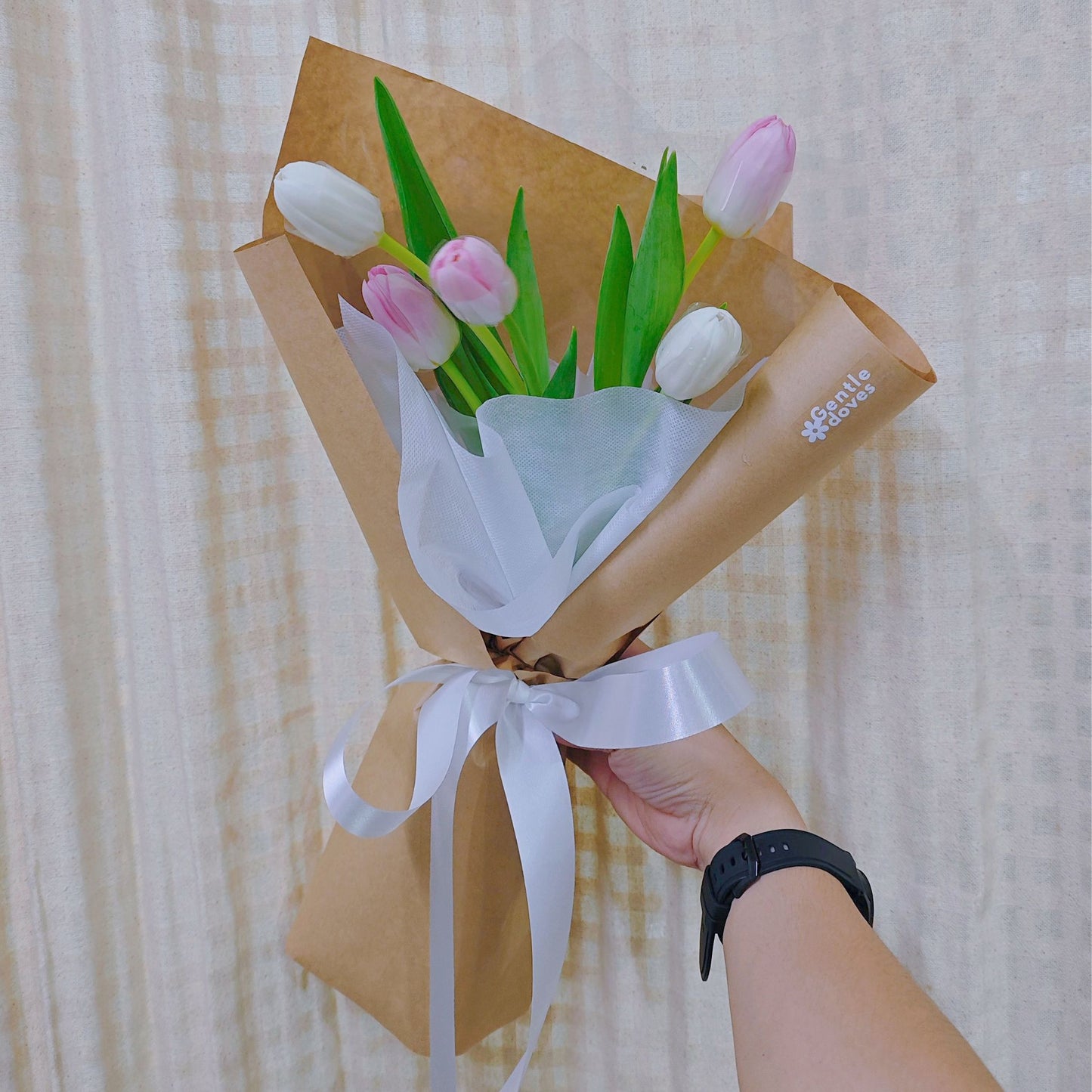 Five Pink and White Tulips in Kraft Paper Bouquet