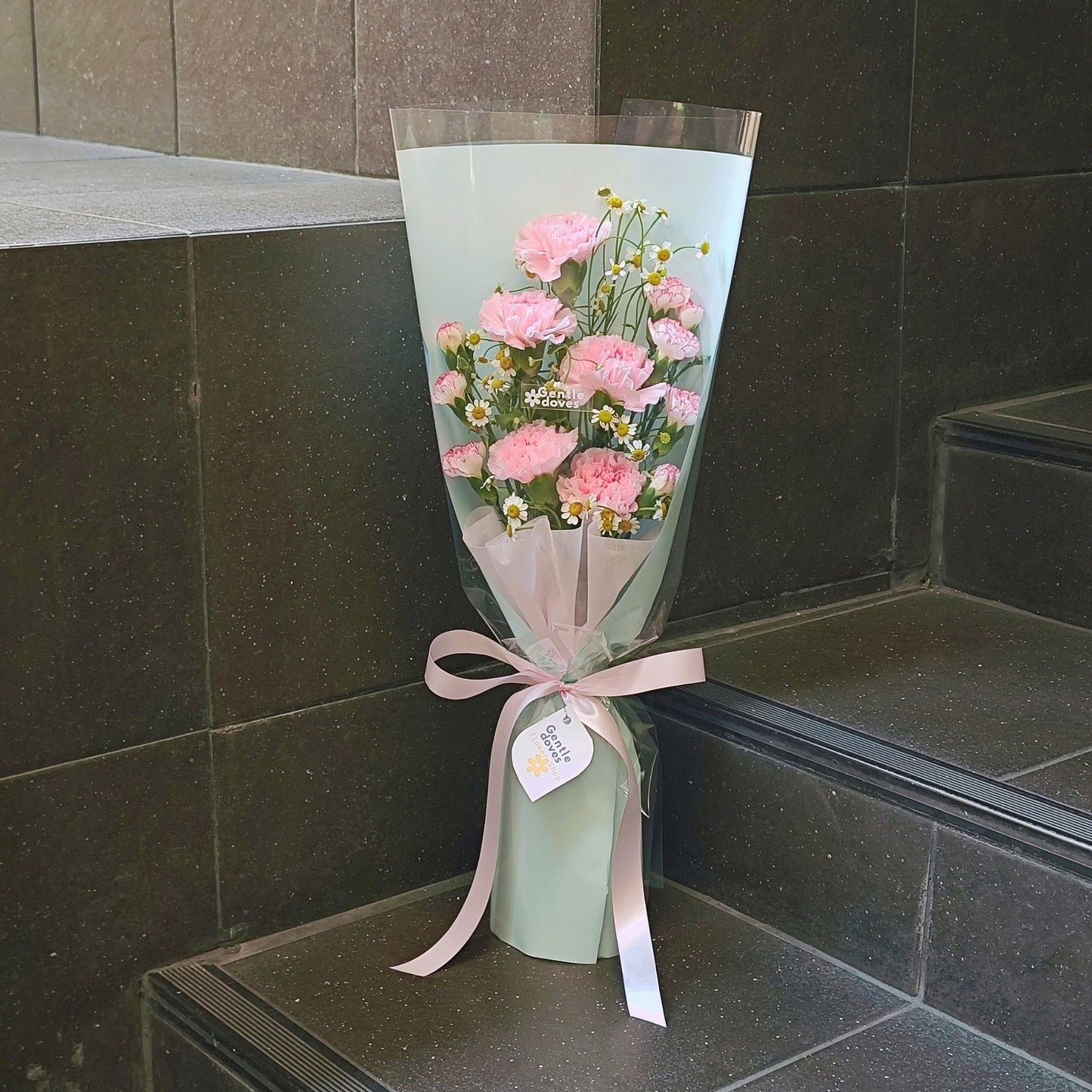 Pink Carnations with Daisies in Cylinder Bouquet