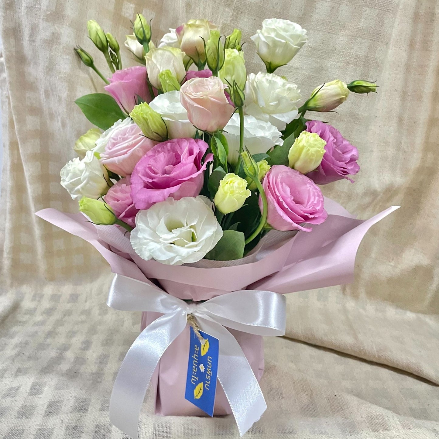 Assorted Pink and White Lisianthus in Small Vase Arrangement