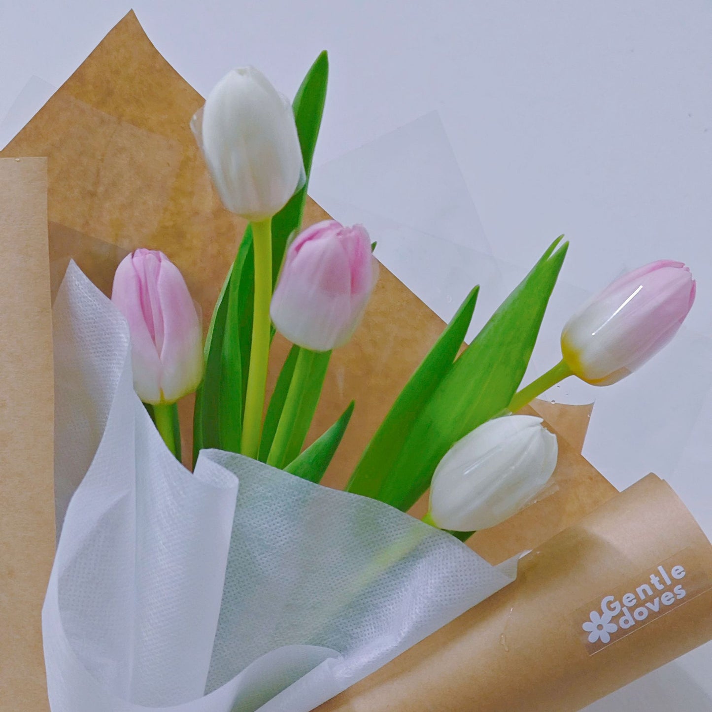 Five Pink and White Tulips in Kraft Paper Bouquet