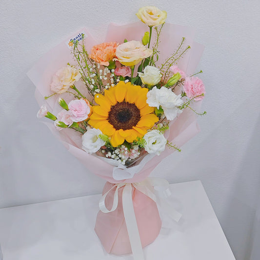 ช่อดอกทานตะวัน 1 ดอก แซมดอกไม้แซม โทนสีพาสเทล ช่อเล็ก