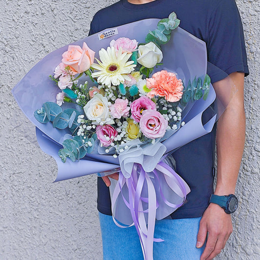 Assorted Colorful Flowers in Purple Paper Medium Size Bouquet