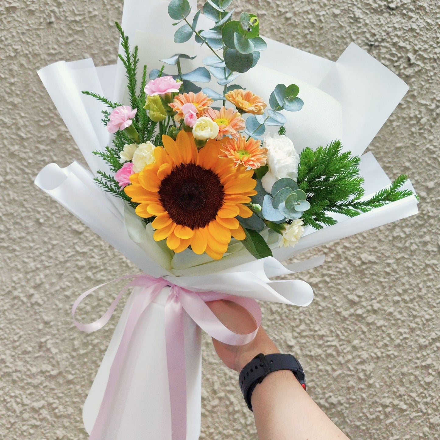Single Sunflower with Pink and Orange Flowers with Green Foliage Bouquet