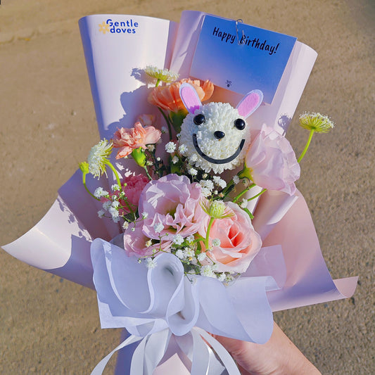 Little Bunny with Assorted Orange and Pink Flowers Small Bouquet