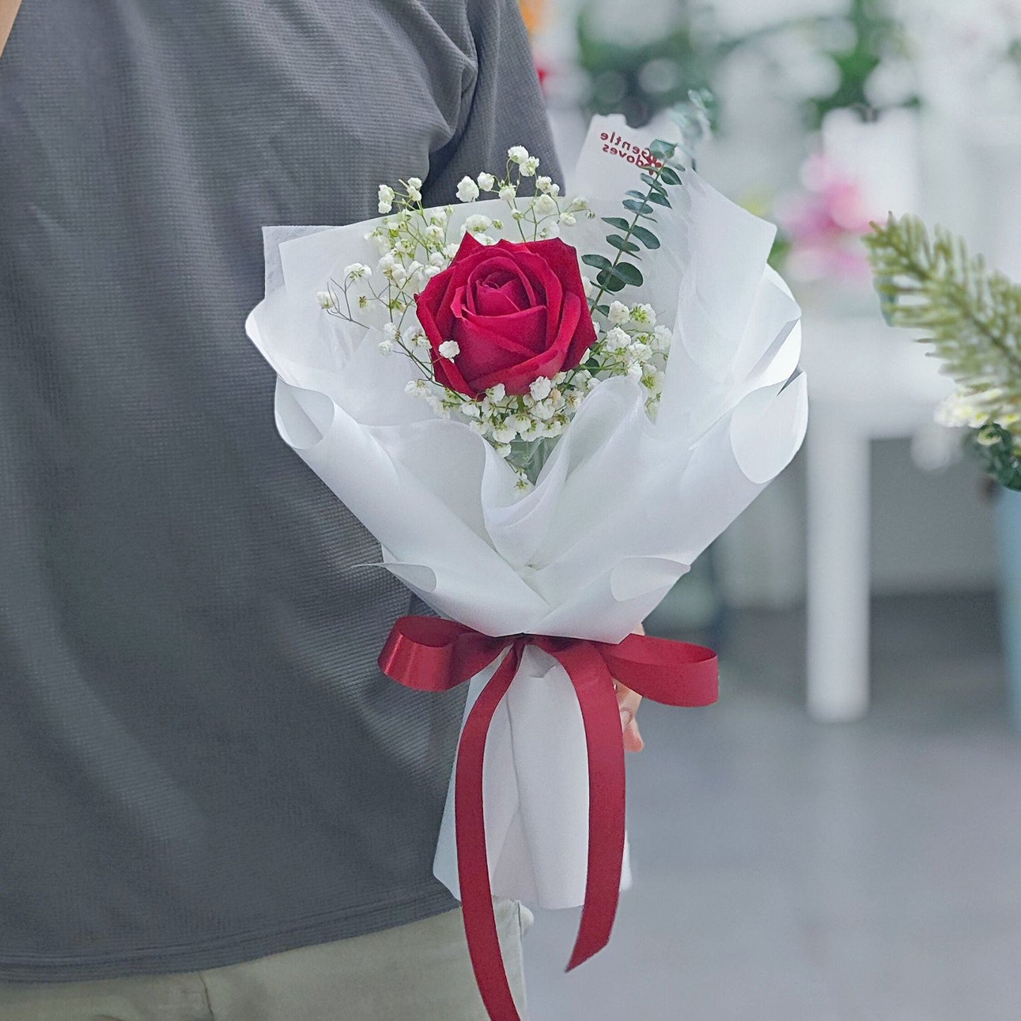 Single Red Rose with Gypsophila and Eucalyptus in White Paper Bouquet